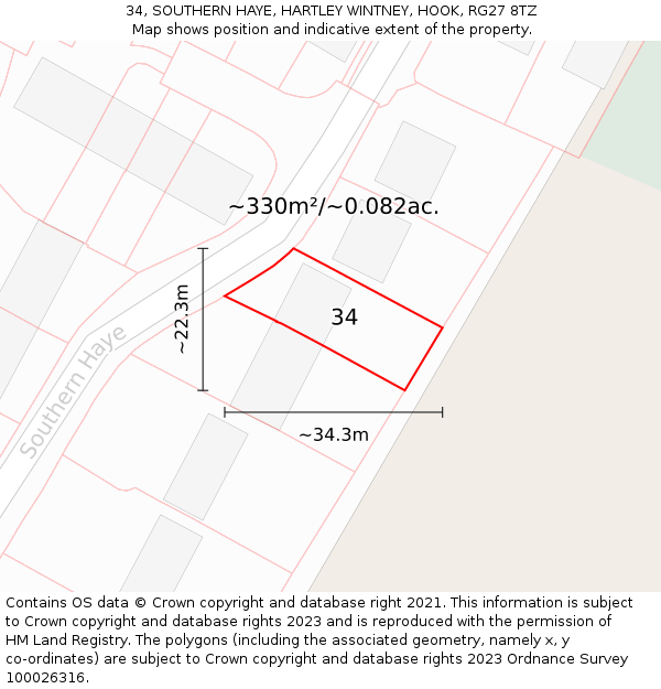 34, SOUTHERN HAYE, HARTLEY WINTNEY, HOOK, RG27 8TZ: Plot and title map