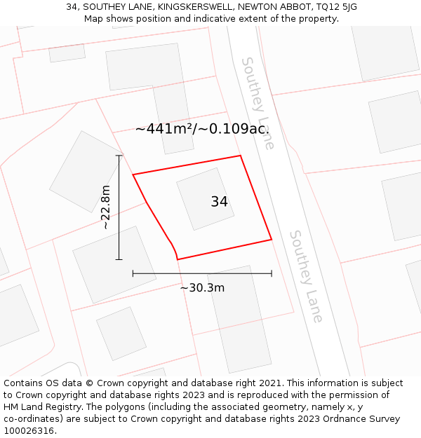 34, SOUTHEY LANE, KINGSKERSWELL, NEWTON ABBOT, TQ12 5JG: Plot and title map