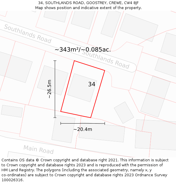 34, SOUTHLANDS ROAD, GOOSTREY, CREWE, CW4 8JF: Plot and title map
