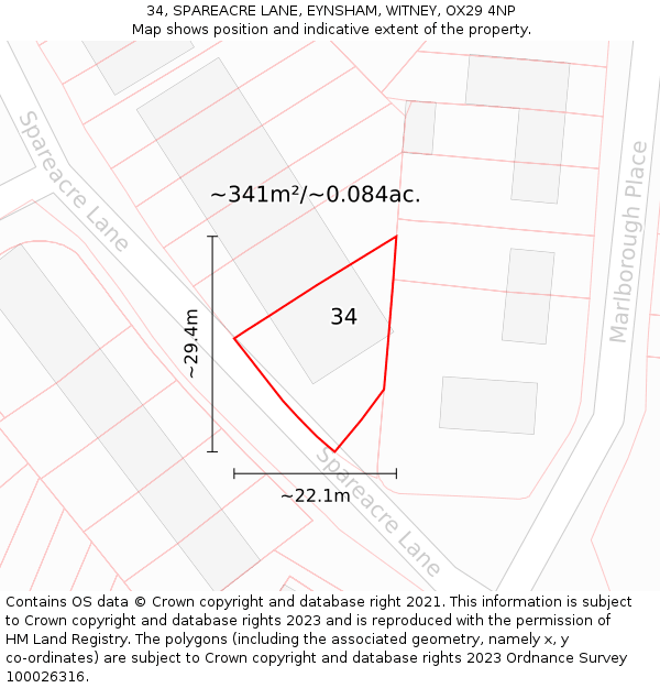 34, SPAREACRE LANE, EYNSHAM, WITNEY, OX29 4NP: Plot and title map