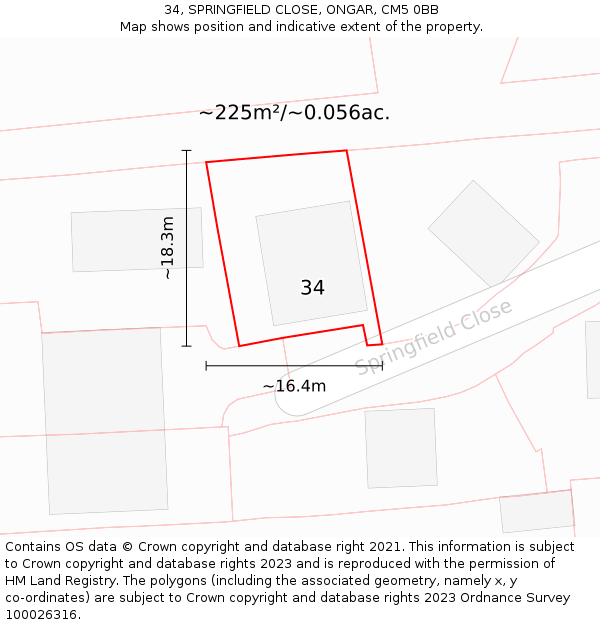 34, SPRINGFIELD CLOSE, ONGAR, CM5 0BB: Plot and title map