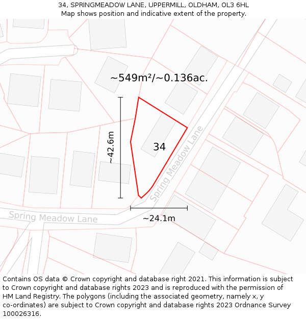 34, SPRINGMEADOW LANE, UPPERMILL, OLDHAM, OL3 6HL: Plot and title map