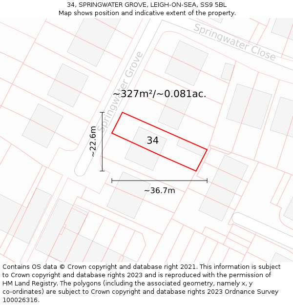34, SPRINGWATER GROVE, LEIGH-ON-SEA, SS9 5BL: Plot and title map