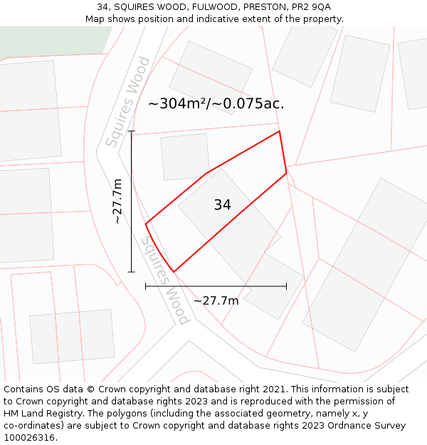 34, SQUIRES WOOD, FULWOOD, PRESTON, PR2 9QA: Plot and title map