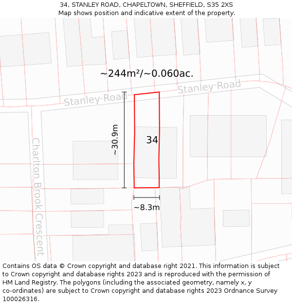 34, STANLEY ROAD, CHAPELTOWN, SHEFFIELD, S35 2XS: Plot and title map