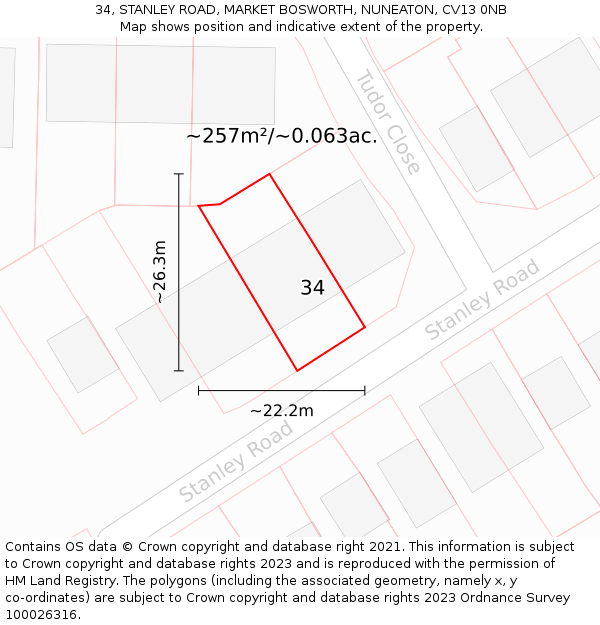 34, STANLEY ROAD, MARKET BOSWORTH, NUNEATON, CV13 0NB: Plot and title map