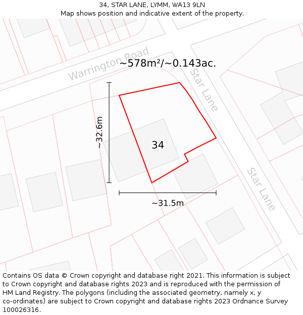 34, STAR LANE, LYMM, WA13 9LN: Plot and title map