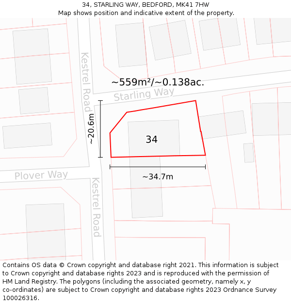 34, STARLING WAY, BEDFORD, MK41 7HW: Plot and title map