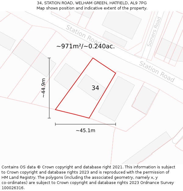 34, STATION ROAD, WELHAM GREEN, HATFIELD, AL9 7PG: Plot and title map