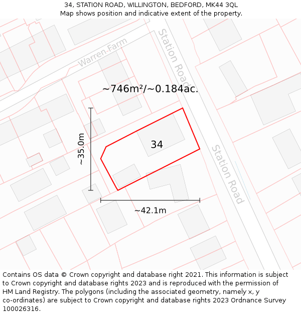 34, STATION ROAD, WILLINGTON, BEDFORD, MK44 3QL: Plot and title map