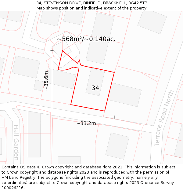 34, STEVENSON DRIVE, BINFIELD, BRACKNELL, RG42 5TB: Plot and title map