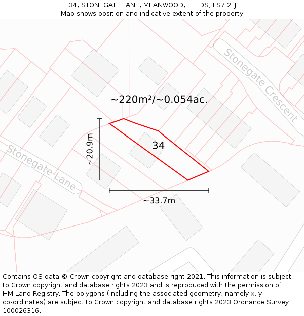 34, STONEGATE LANE, MEANWOOD, LEEDS, LS7 2TJ: Plot and title map