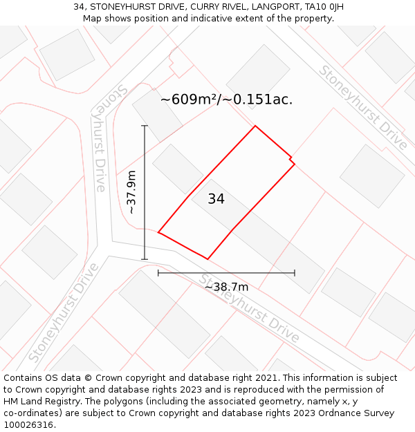 34, STONEYHURST DRIVE, CURRY RIVEL, LANGPORT, TA10 0JH: Plot and title map