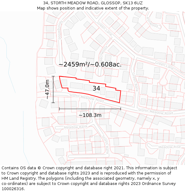 34, STORTH MEADOW ROAD, GLOSSOP, SK13 6UZ: Plot and title map