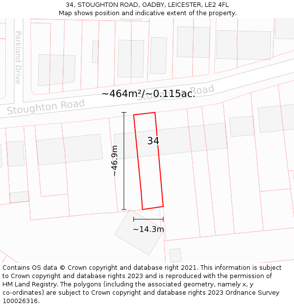 34, STOUGHTON ROAD, OADBY, LEICESTER, LE2 4FL: Plot and title map