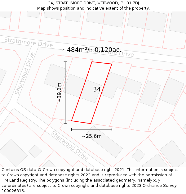 34, STRATHMORE DRIVE, VERWOOD, BH31 7BJ: Plot and title map