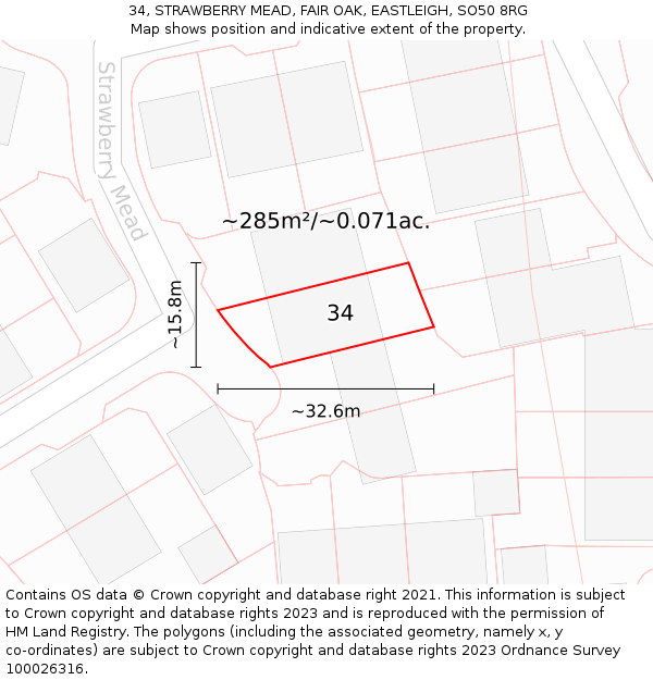 34, STRAWBERRY MEAD, FAIR OAK, EASTLEIGH, SO50 8RG: Plot and title map