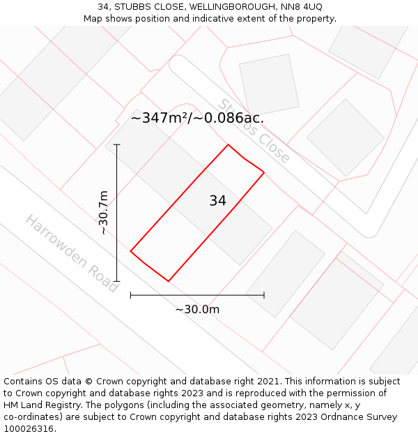 34, STUBBS CLOSE, WELLINGBOROUGH, NN8 4UQ: Plot and title map