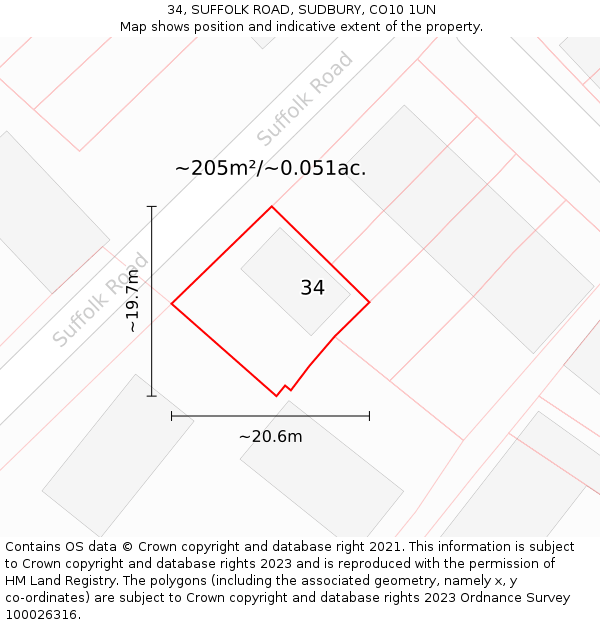 34, SUFFOLK ROAD, SUDBURY, CO10 1UN: Plot and title map