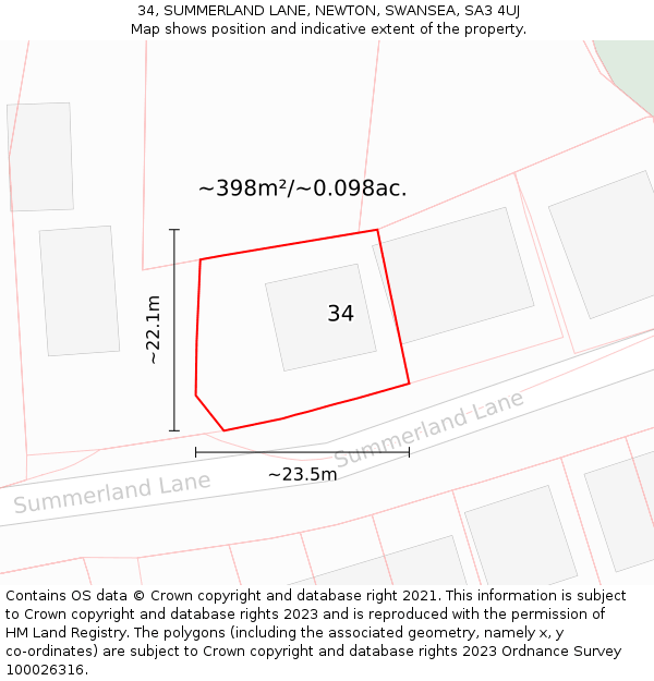 34, SUMMERLAND LANE, NEWTON, SWANSEA, SA3 4UJ: Plot and title map