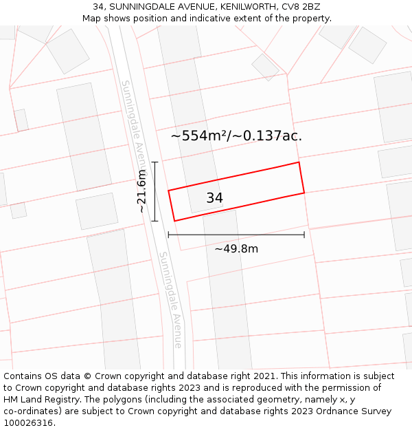 34, SUNNINGDALE AVENUE, KENILWORTH, CV8 2BZ: Plot and title map