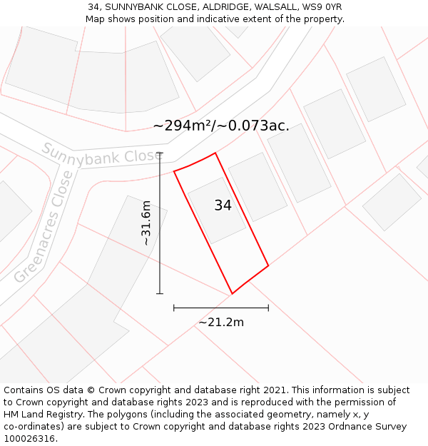 34, SUNNYBANK CLOSE, ALDRIDGE, WALSALL, WS9 0YR: Plot and title map