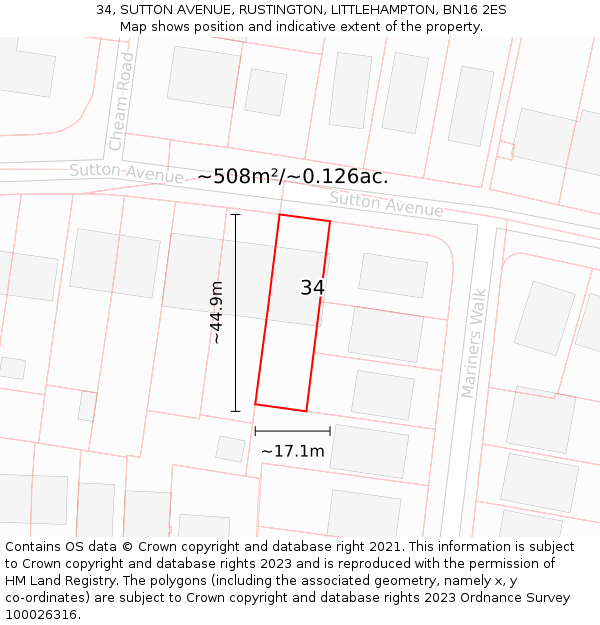 34, SUTTON AVENUE, RUSTINGTON, LITTLEHAMPTON, BN16 2ES: Plot and title map