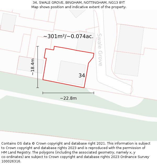 34, SWALE GROVE, BINGHAM, NOTTINGHAM, NG13 8YT: Plot and title map