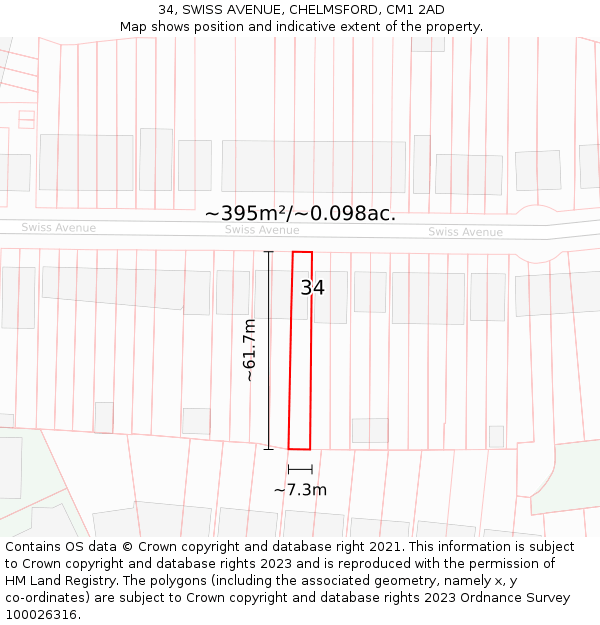 34, SWISS AVENUE, CHELMSFORD, CM1 2AD: Plot and title map