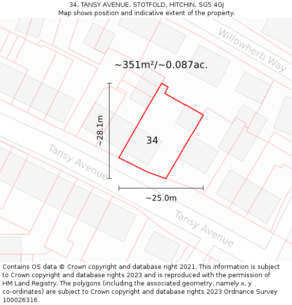 34, TANSY AVENUE, STOTFOLD, HITCHIN, SG5 4GJ: Plot and title map