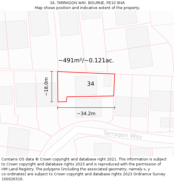 34, TARRAGON WAY, BOURNE, PE10 9NA: Plot and title map