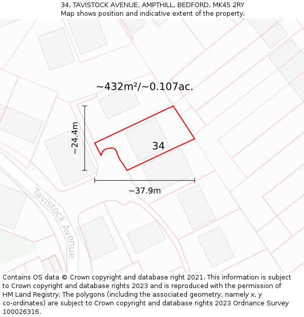 34, TAVISTOCK AVENUE, AMPTHILL, BEDFORD, MK45 2RY: Plot and title map