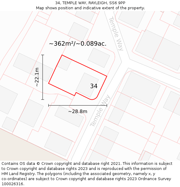 34, TEMPLE WAY, RAYLEIGH, SS6 9PP: Plot and title map