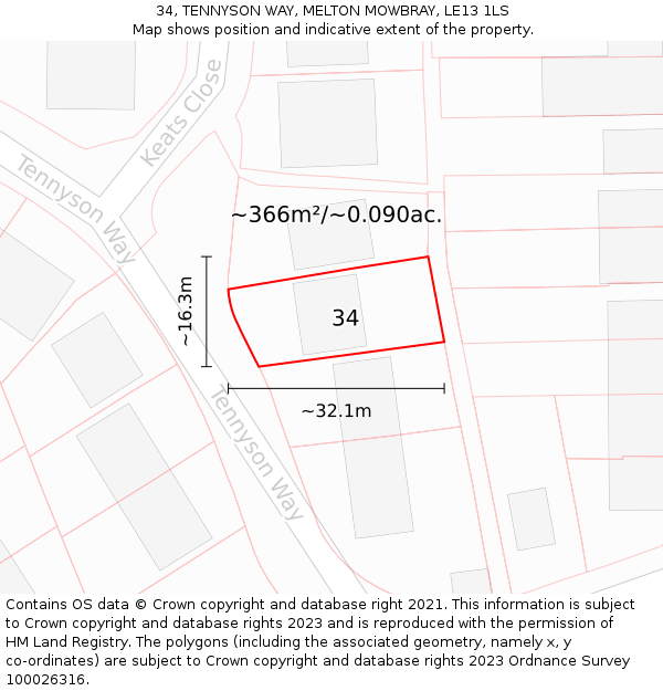 34, TENNYSON WAY, MELTON MOWBRAY, LE13 1LS: Plot and title map