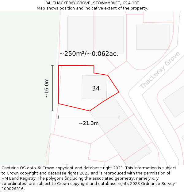 34, THACKERAY GROVE, STOWMARKET, IP14 1RE: Plot and title map