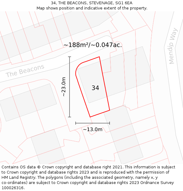 34, THE BEACONS, STEVENAGE, SG1 6EA: Plot and title map