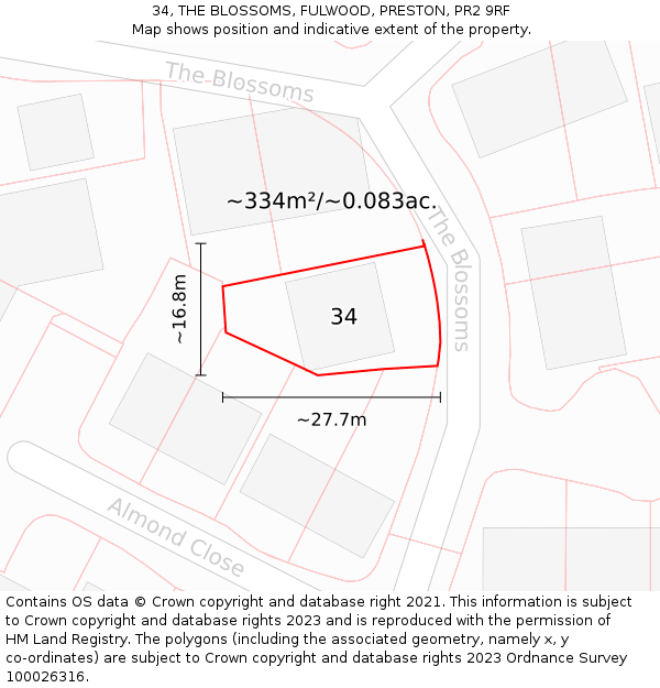 34, THE BLOSSOMS, FULWOOD, PRESTON, PR2 9RF: Plot and title map