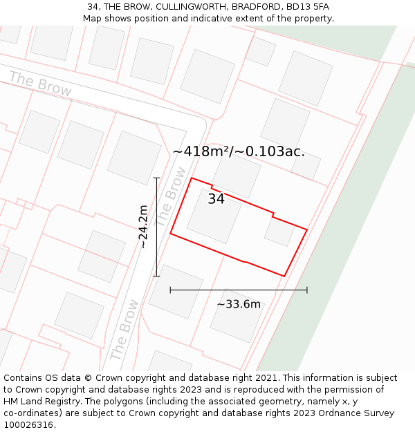 34, THE BROW, CULLINGWORTH, BRADFORD, BD13 5FA: Plot and title map