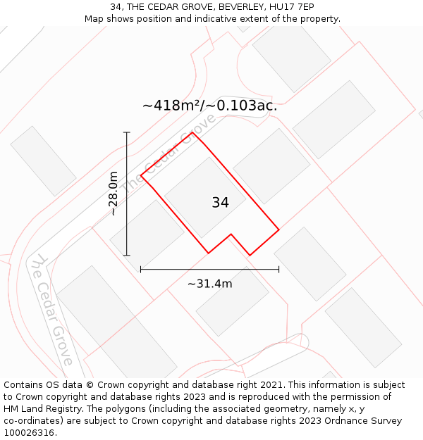 34, THE CEDAR GROVE, BEVERLEY, HU17 7EP: Plot and title map