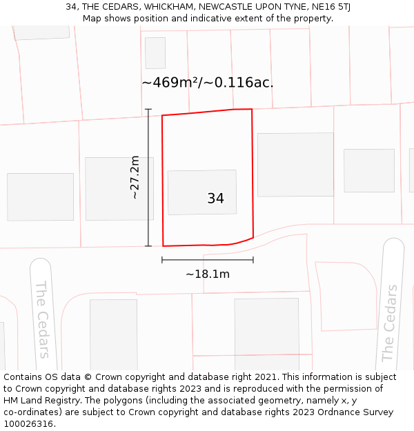 34, THE CEDARS, WHICKHAM, NEWCASTLE UPON TYNE, NE16 5TJ: Plot and title map