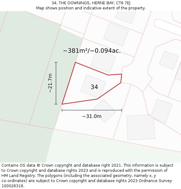 34, THE DOWNINGS, HERNE BAY, CT6 7EJ: Plot and title map