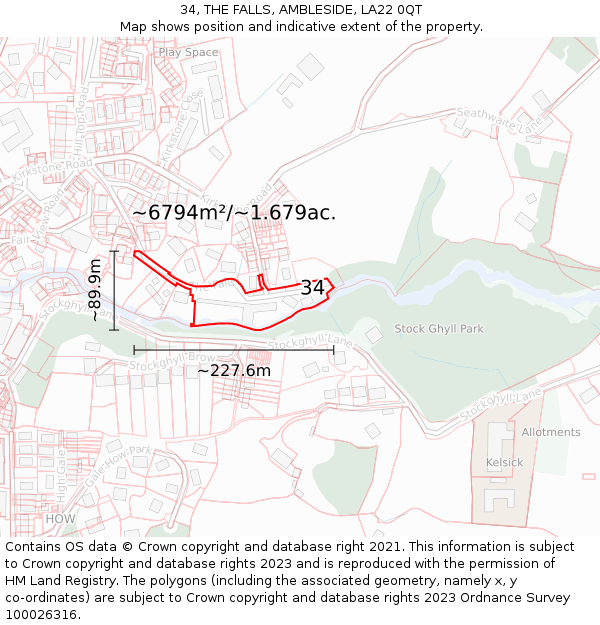 34, THE FALLS, AMBLESIDE, LA22 0QT: Plot and title map