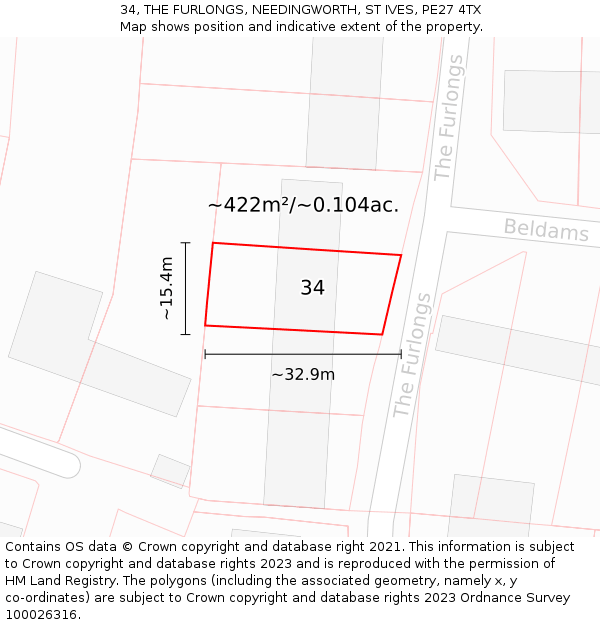 34, THE FURLONGS, NEEDINGWORTH, ST IVES, PE27 4TX: Plot and title map