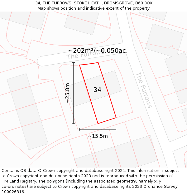 34, THE FURROWS, STOKE HEATH, BROMSGROVE, B60 3QX: Plot and title map