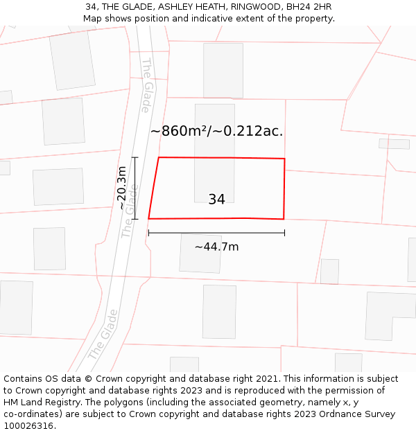 34, THE GLADE, ASHLEY HEATH, RINGWOOD, BH24 2HR: Plot and title map