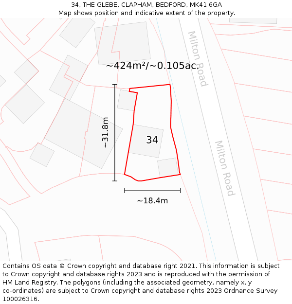 34, THE GLEBE, CLAPHAM, BEDFORD, MK41 6GA: Plot and title map