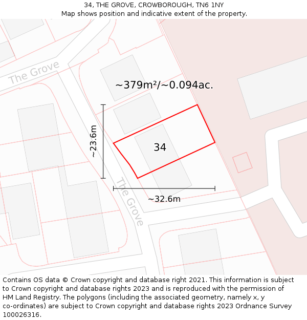 34, THE GROVE, CROWBOROUGH, TN6 1NY: Plot and title map