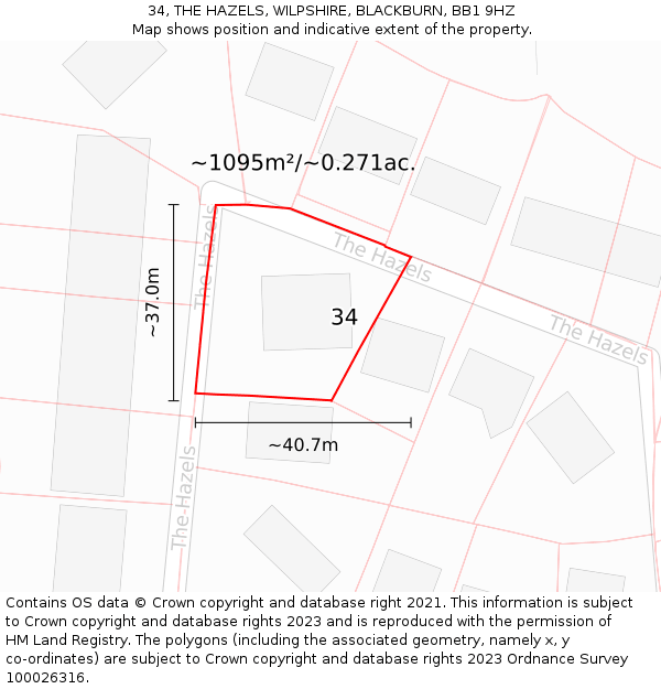 34, THE HAZELS, WILPSHIRE, BLACKBURN, BB1 9HZ: Plot and title map