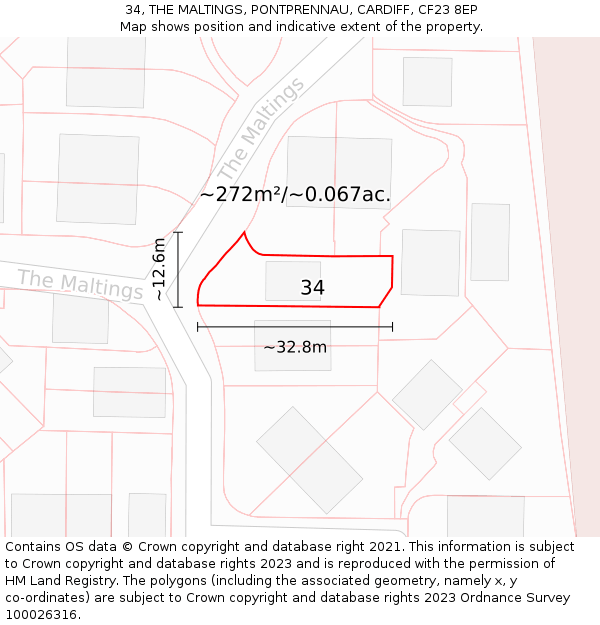 34, THE MALTINGS, PONTPRENNAU, CARDIFF, CF23 8EP: Plot and title map