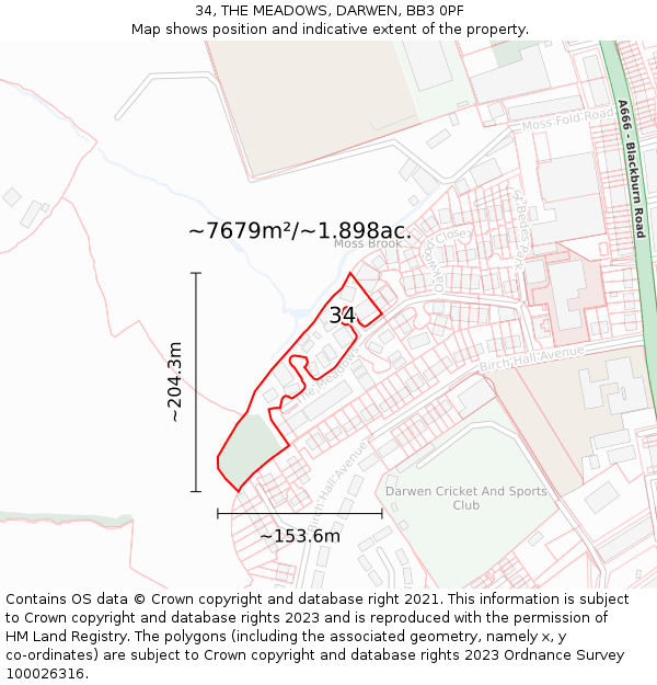 34, THE MEADOWS, DARWEN, BB3 0PF: Plot and title map